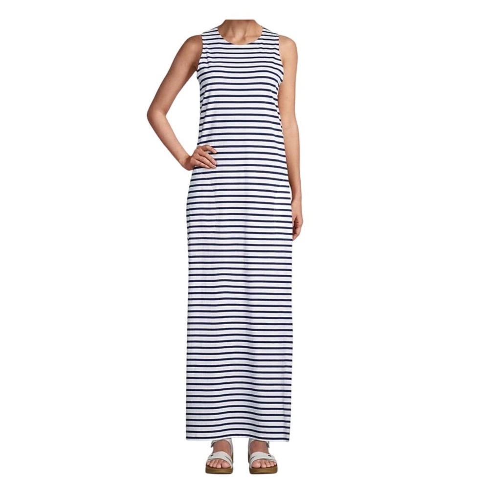 Lands End Nautical Striped 100% Cotton Maxii Dress w Pockets Beach Summer XL